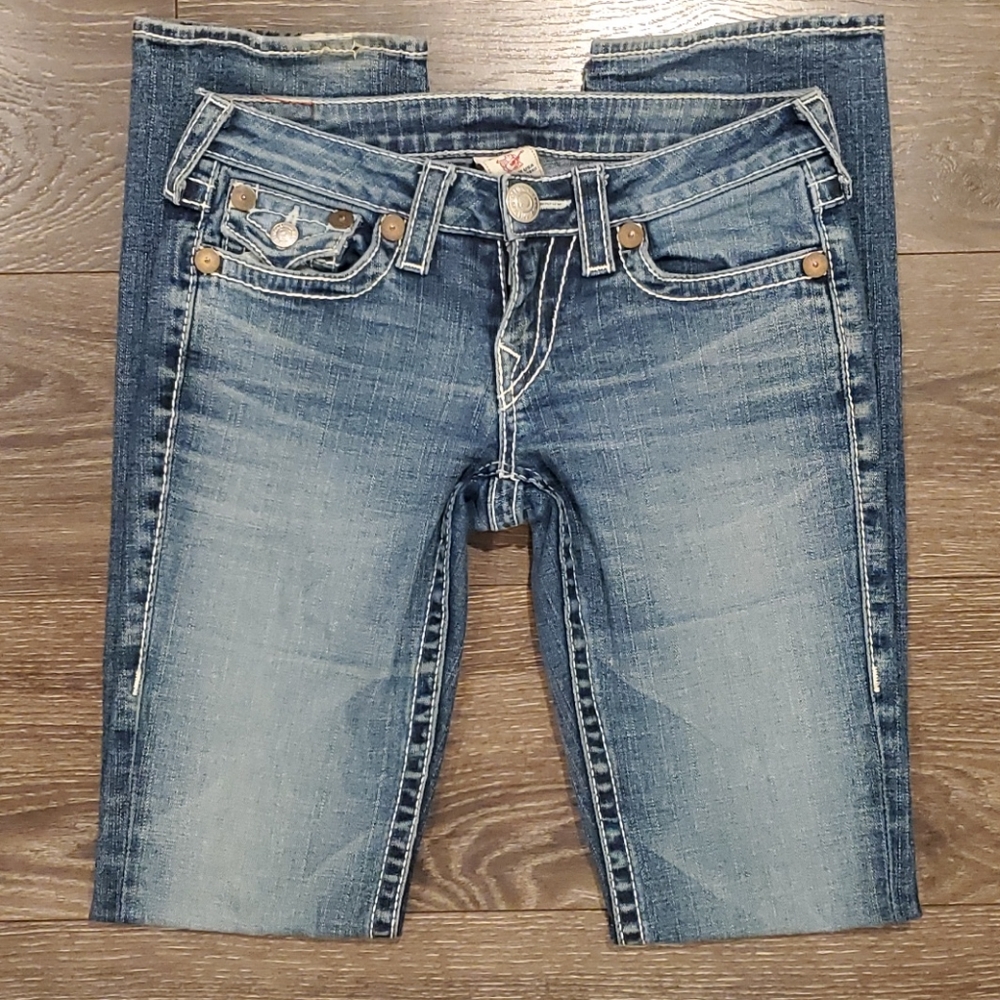 True Religion Rainbow Billy slim Distressed Indigo Straight Jeans low rise